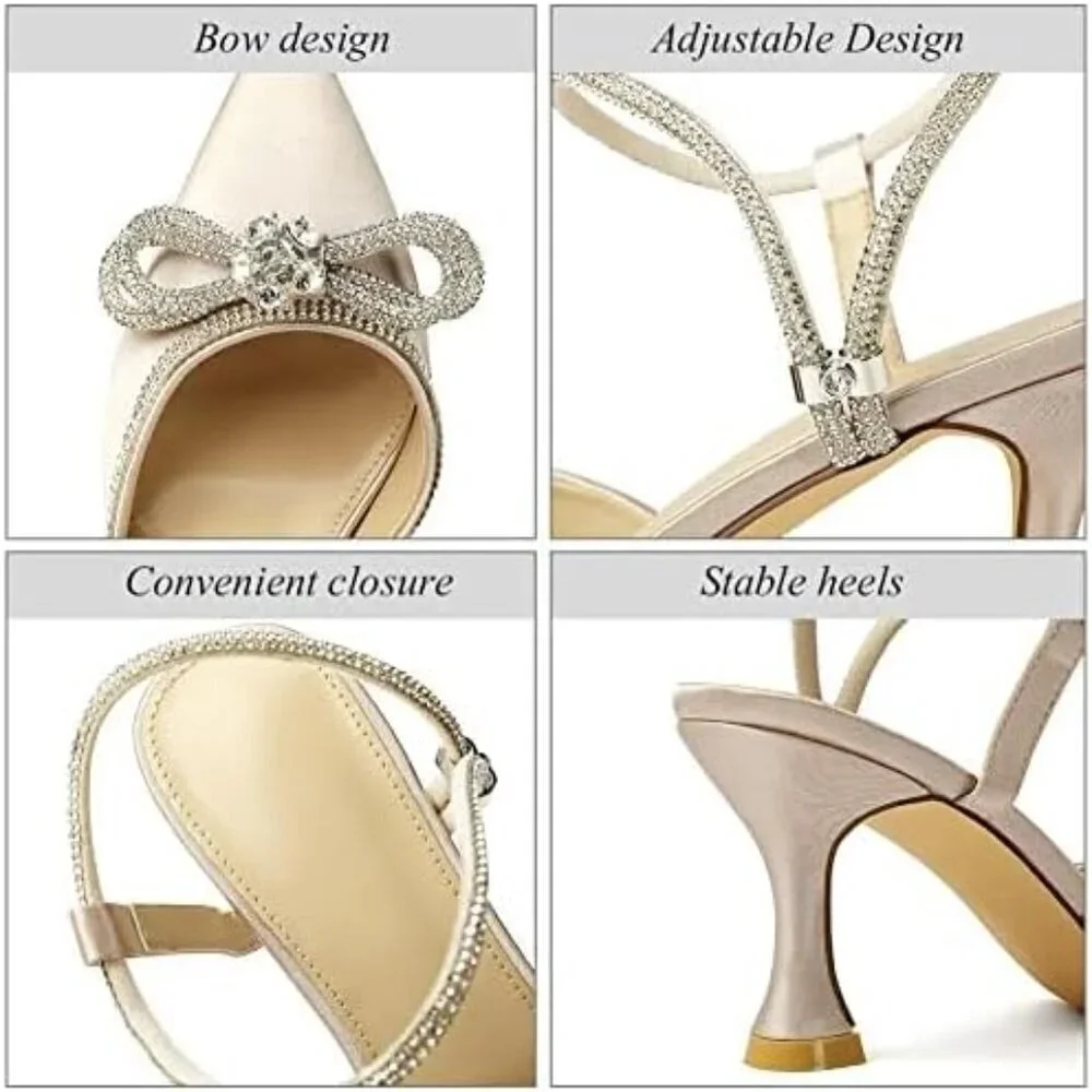 Women's Apricot Closed Toe Rhinestone Wedding Low Slingback Clear Kitten Heels